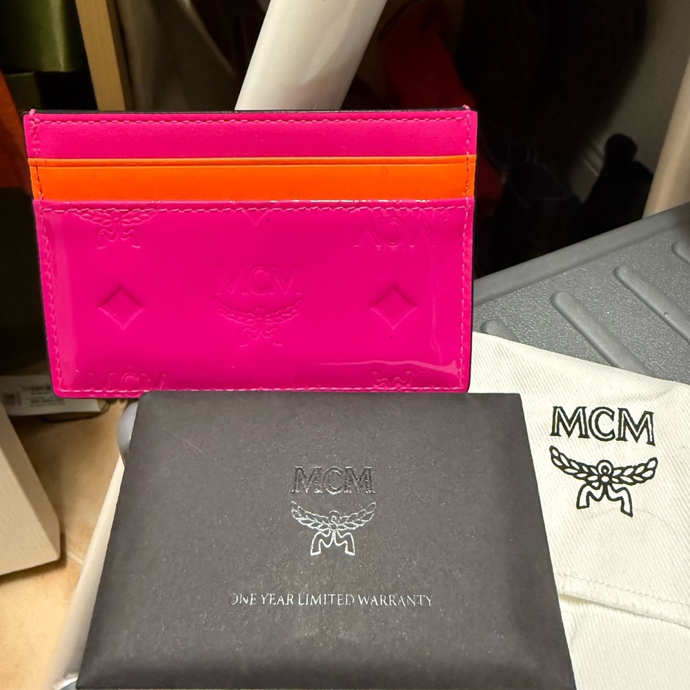 MCM Patent Cardholder in Bright Pink with Orange Trim